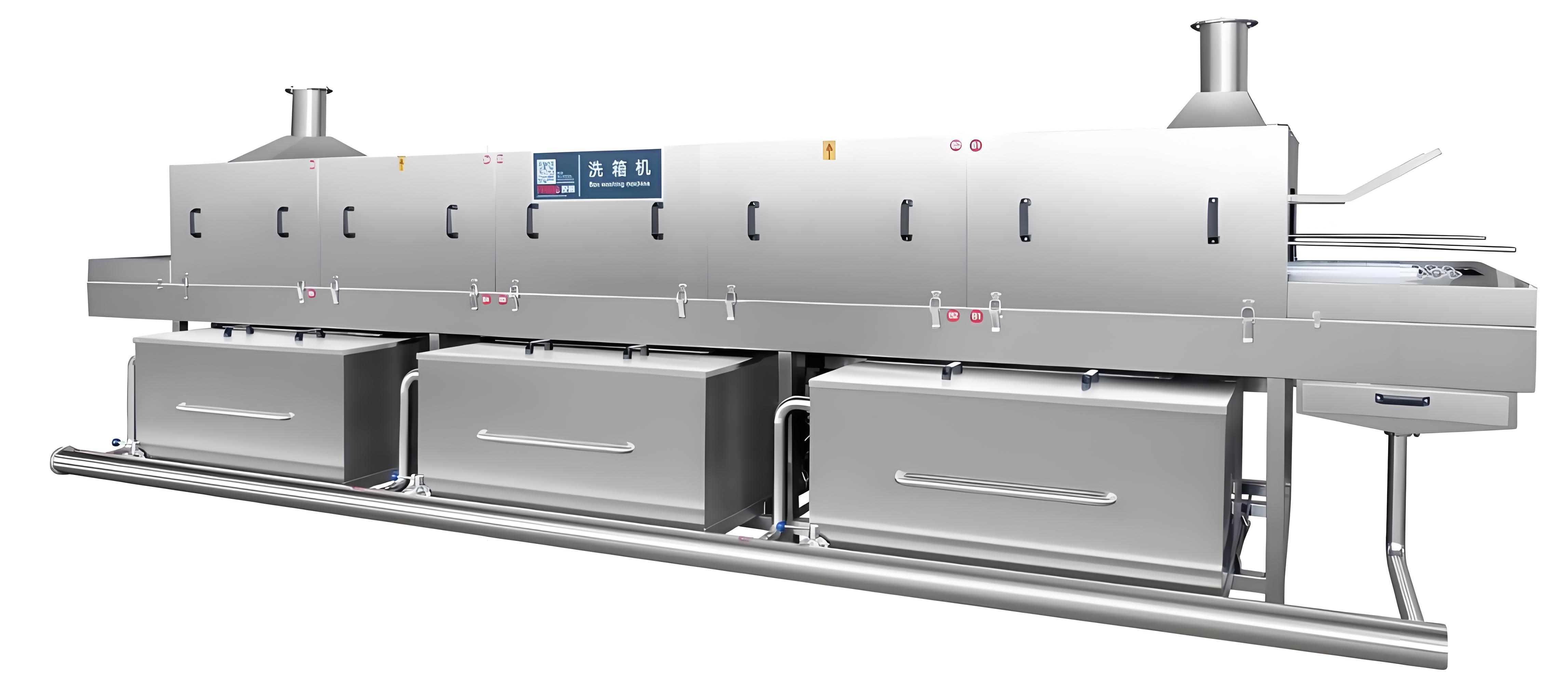 Continuous crate washing system for poultry plants with enclosed cleaning zones and service tanks