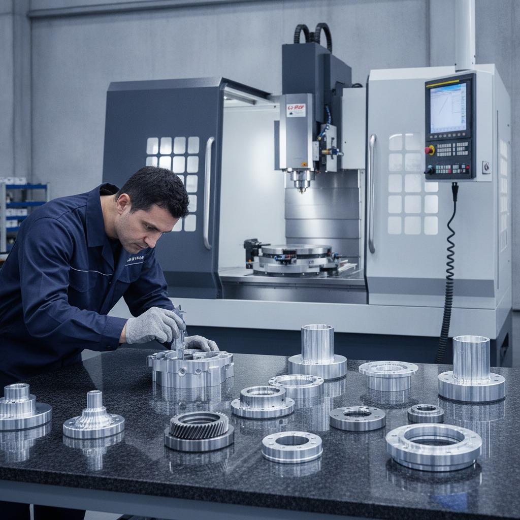 Ein Bediener prüft Metallbauteile neben einer CNC-Maschine für Edelstahlteile.
