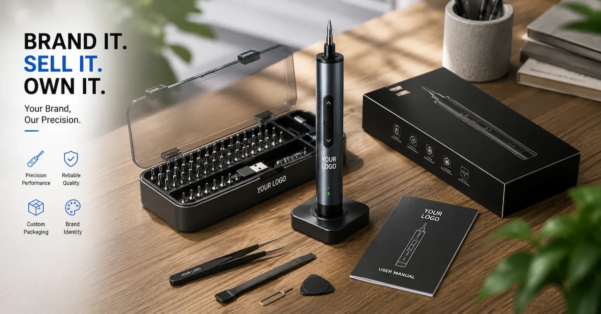 Private label electric screwdriver kit setup.