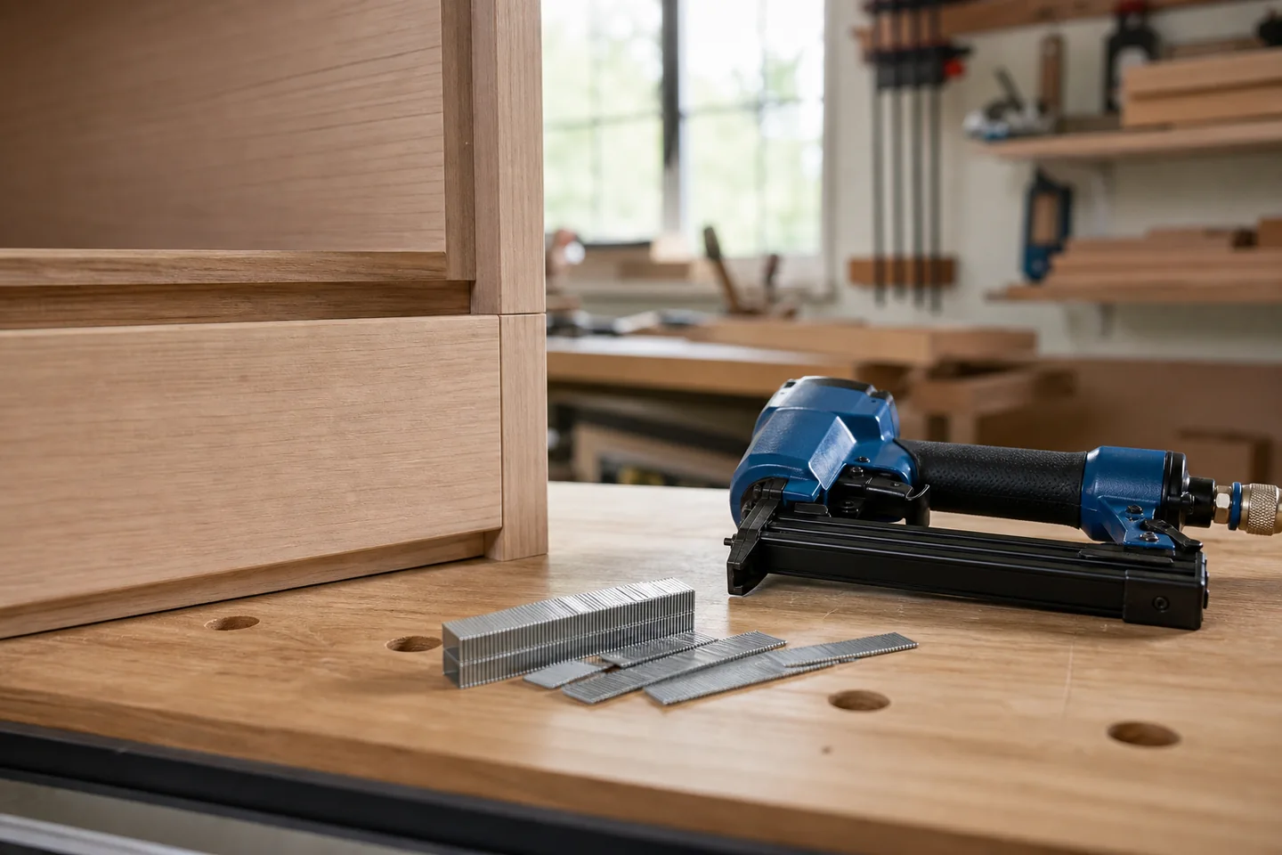 Galvanized pin nails and a pneumatic pin nailer beside fine cabinet work