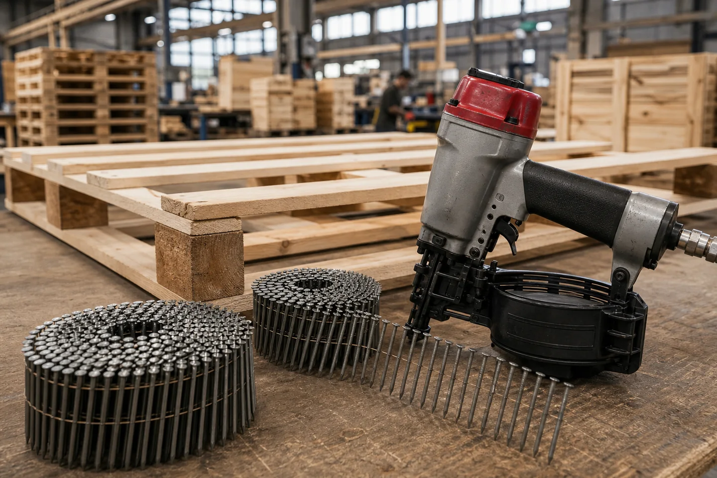 Drahtspulennägel und ein pneumatischer Spulennagler an einer Palettenproduktionslinie
