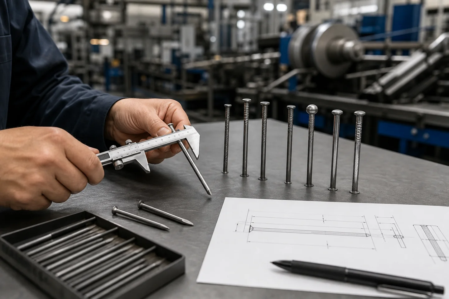Fastener engineer measuring custom nail prototypes in a modern factory