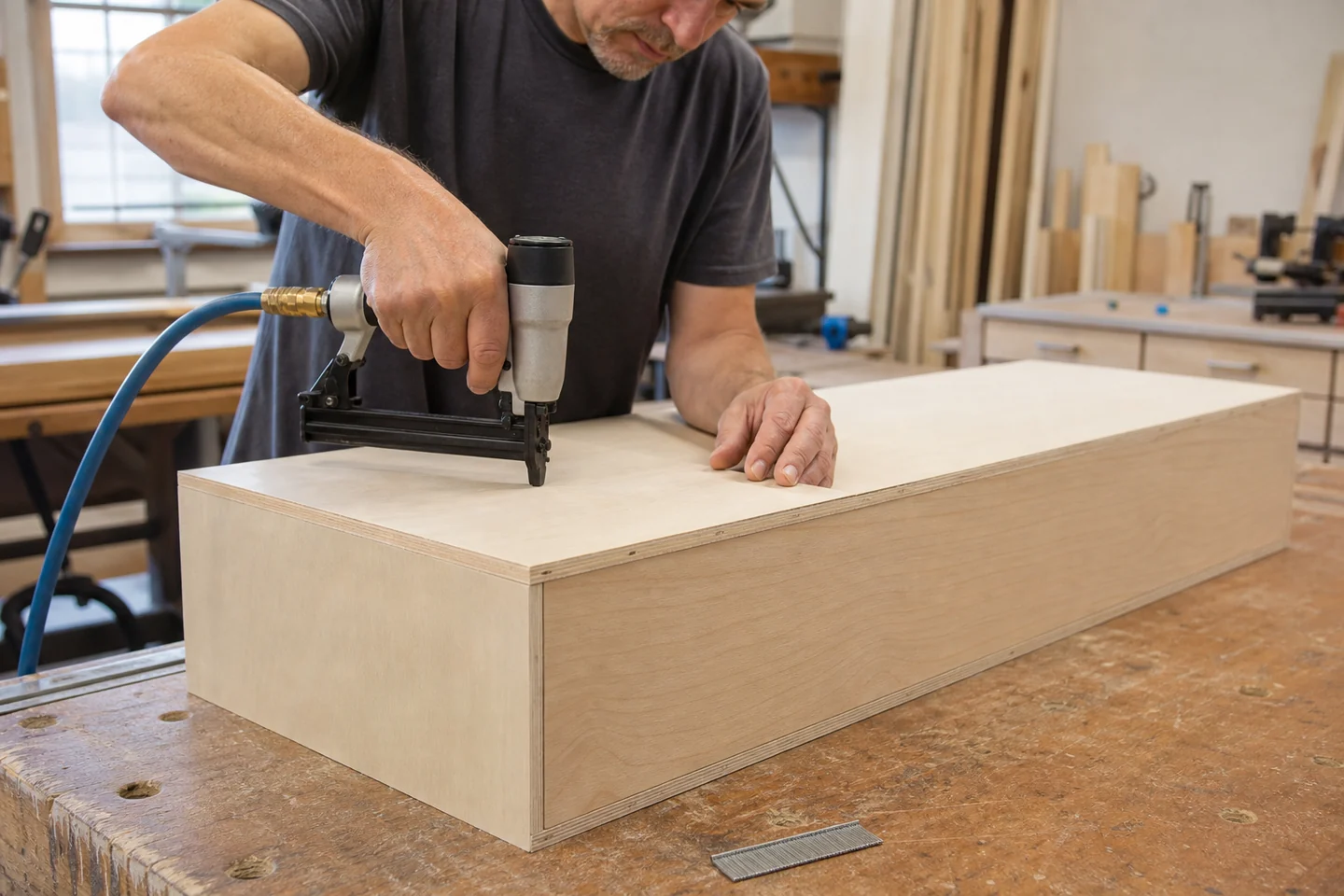 Cabinetmaker using a pneumatic stapler with 18 gauge staples on a plywood cabinet assembly
