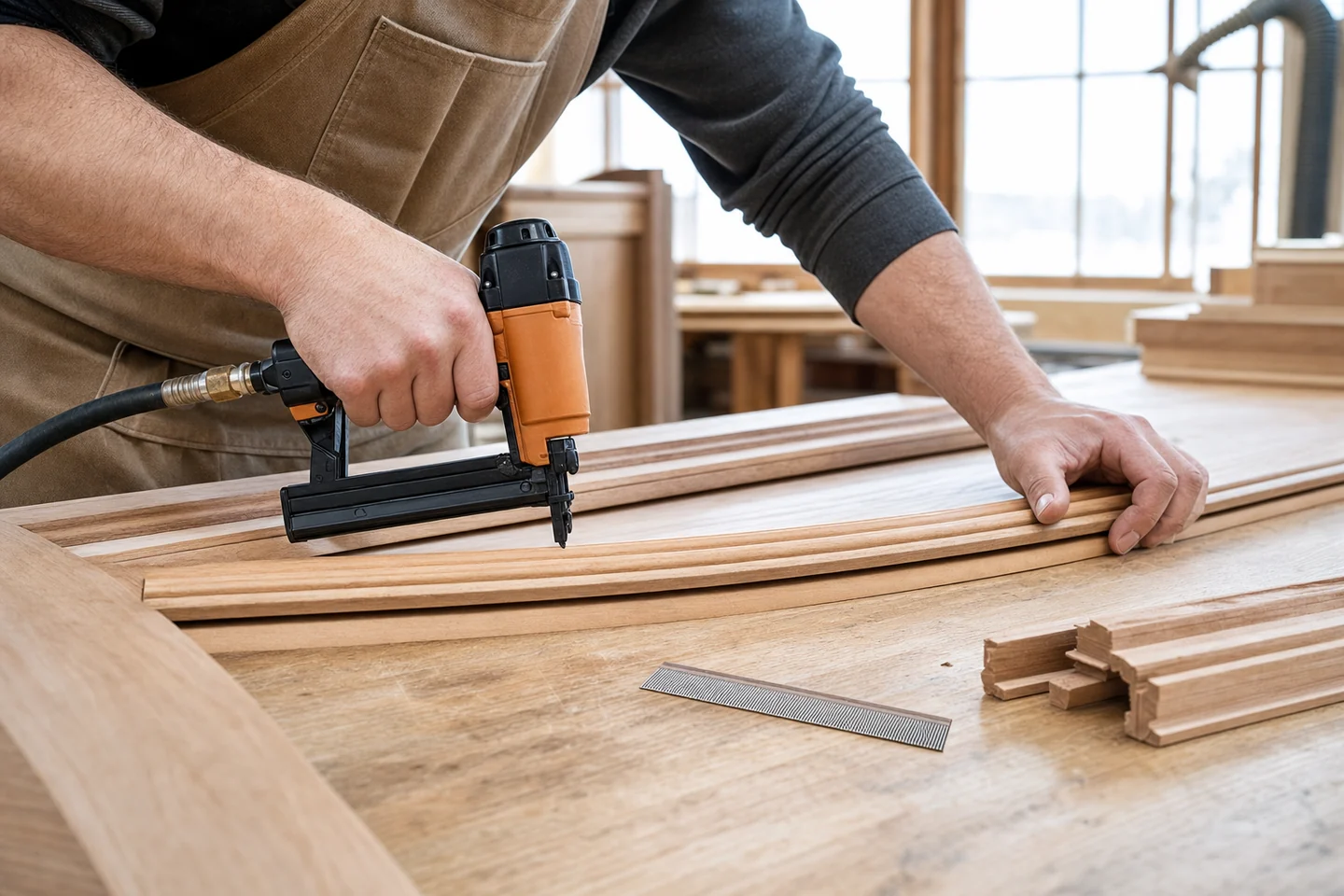 Woodworker using a pneumatic pin nailer with 23 gauge headless pins on decorative molding