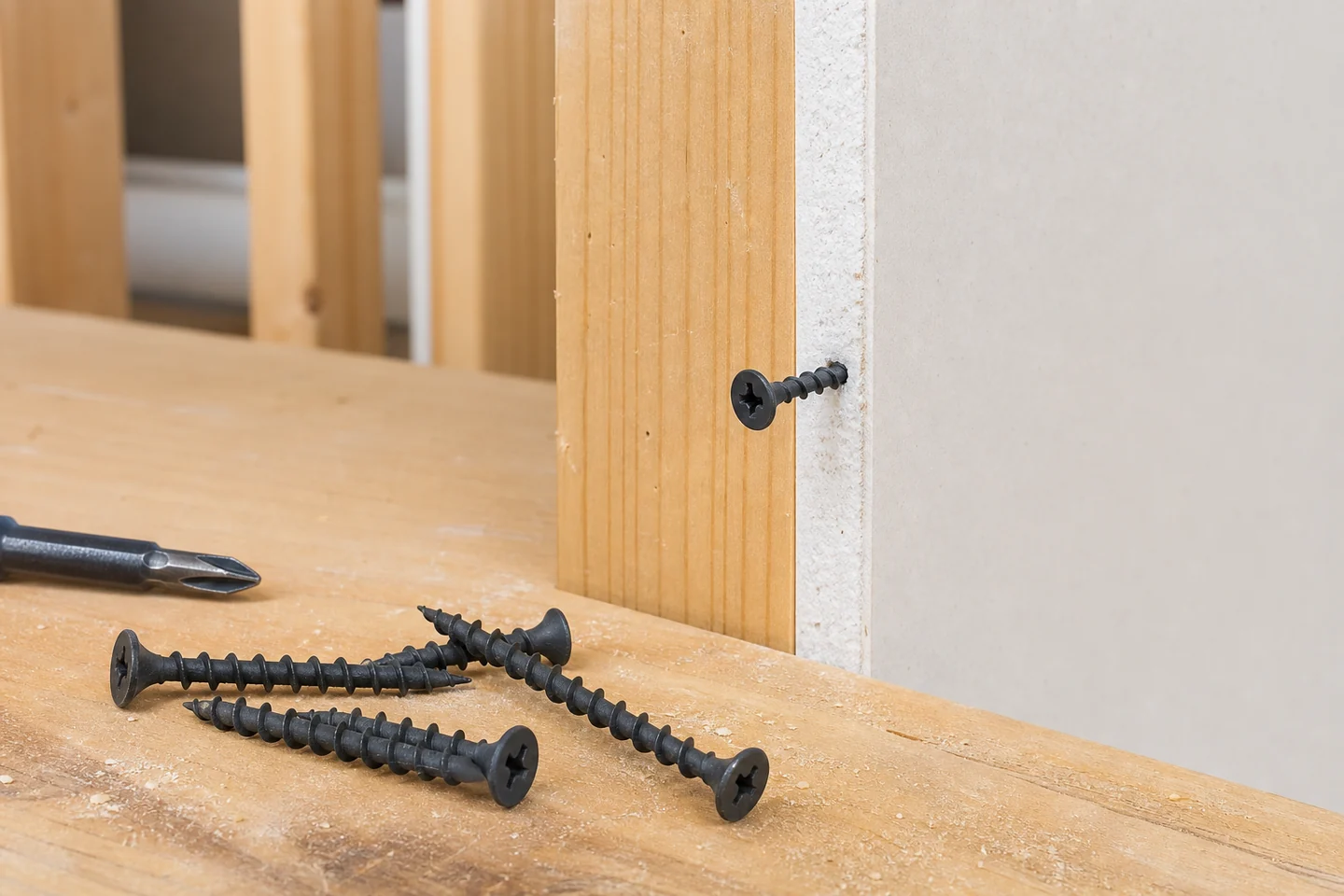 Coarse thread drywall screws beside gypsum board and timber framing