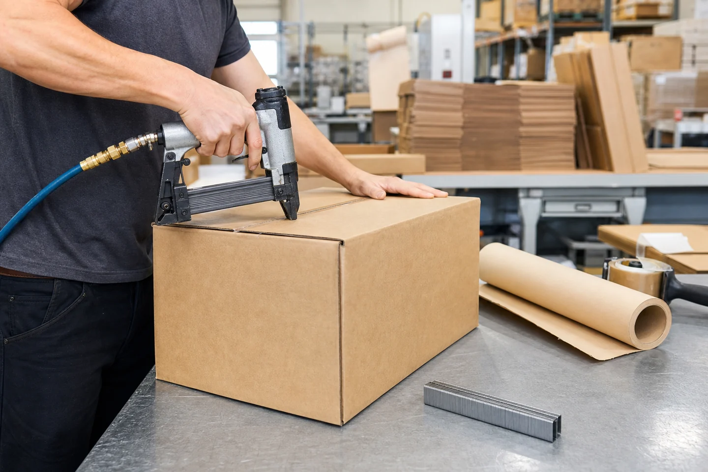 Verpackungsmitarbeiter verschließt einen Wellpappkarton mit pneumatischen Verpackungsklammern.