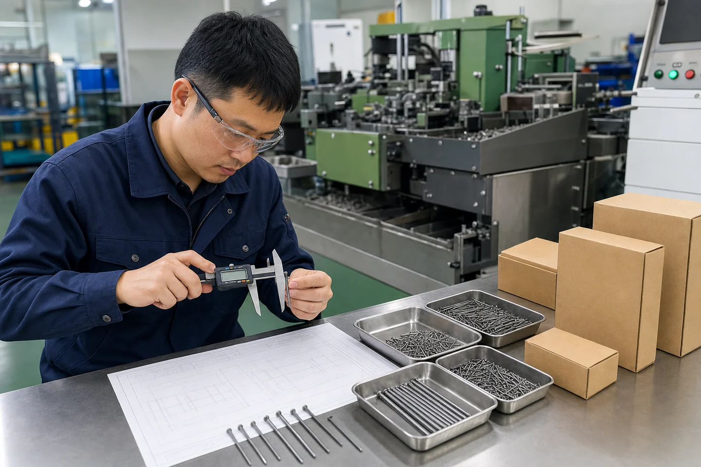 Quality engineer at an OEM nails manufacturer measuring nail samples with digital calipers