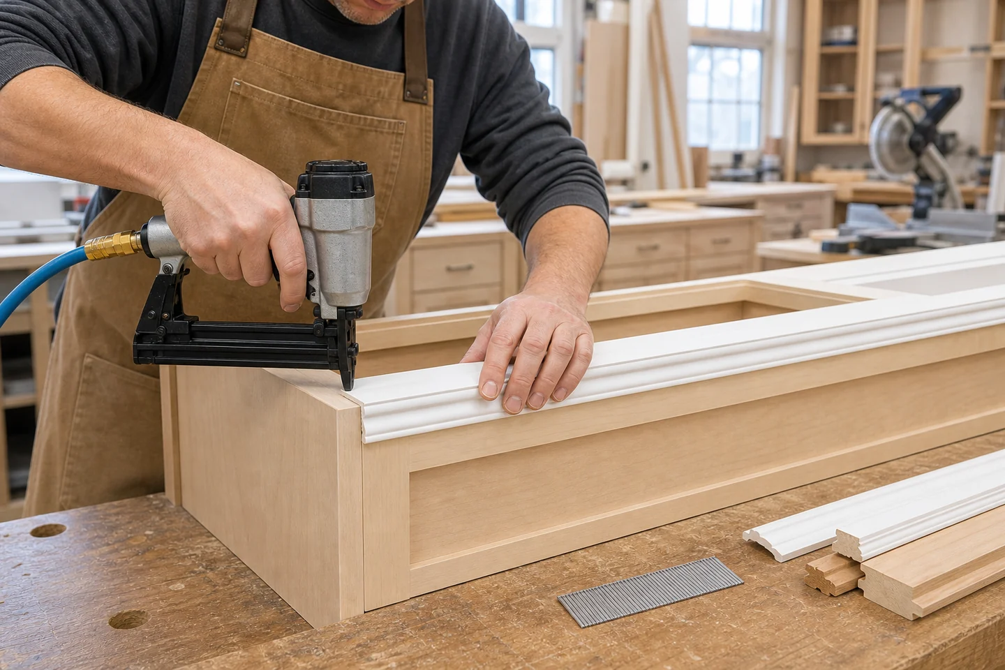 Woodworker fastening painted molding with galvanized brad nails in a cabinet workshop