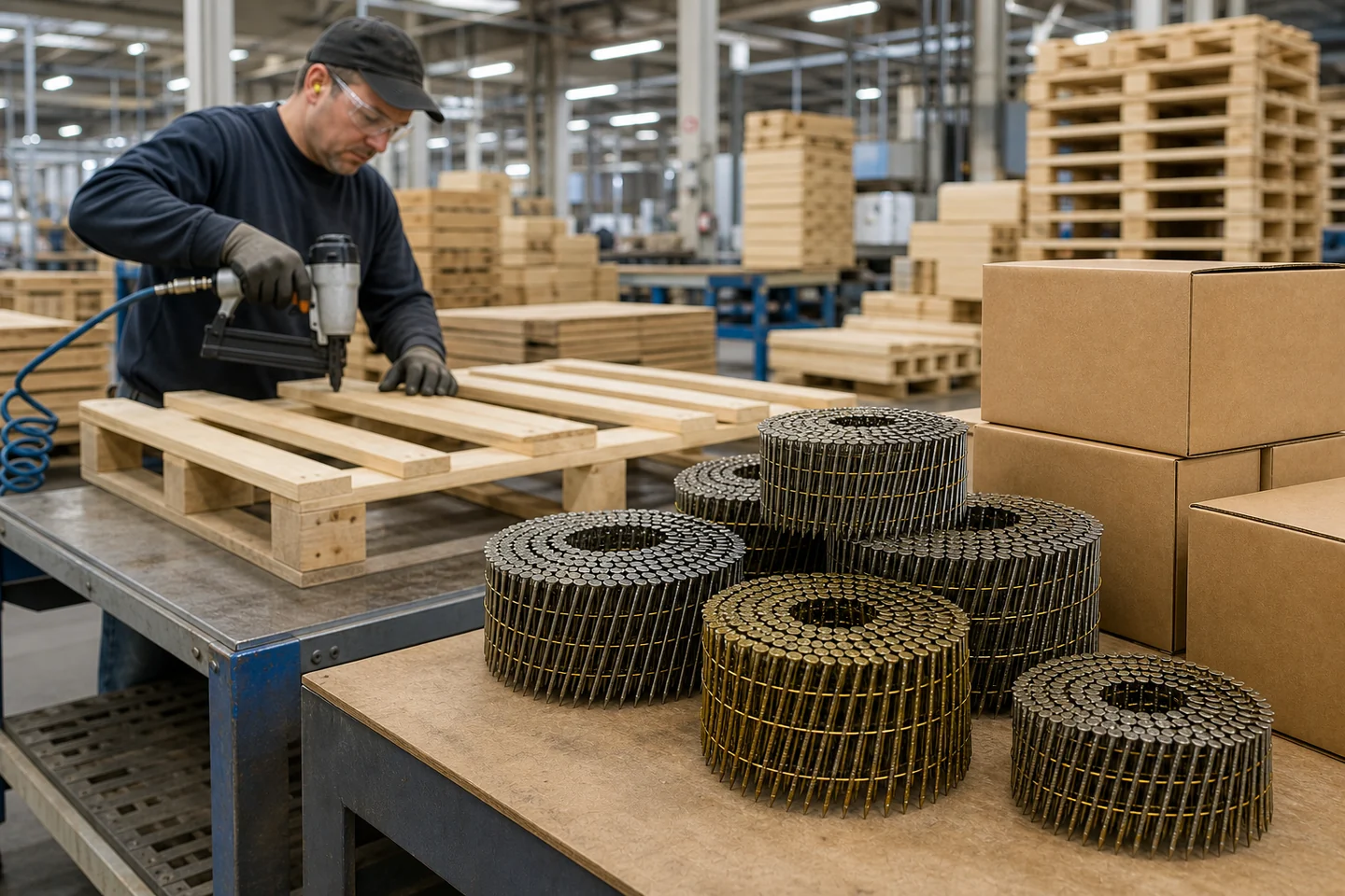 Pallet production worker using a coil nailer beside bulk coil nails and export cartons