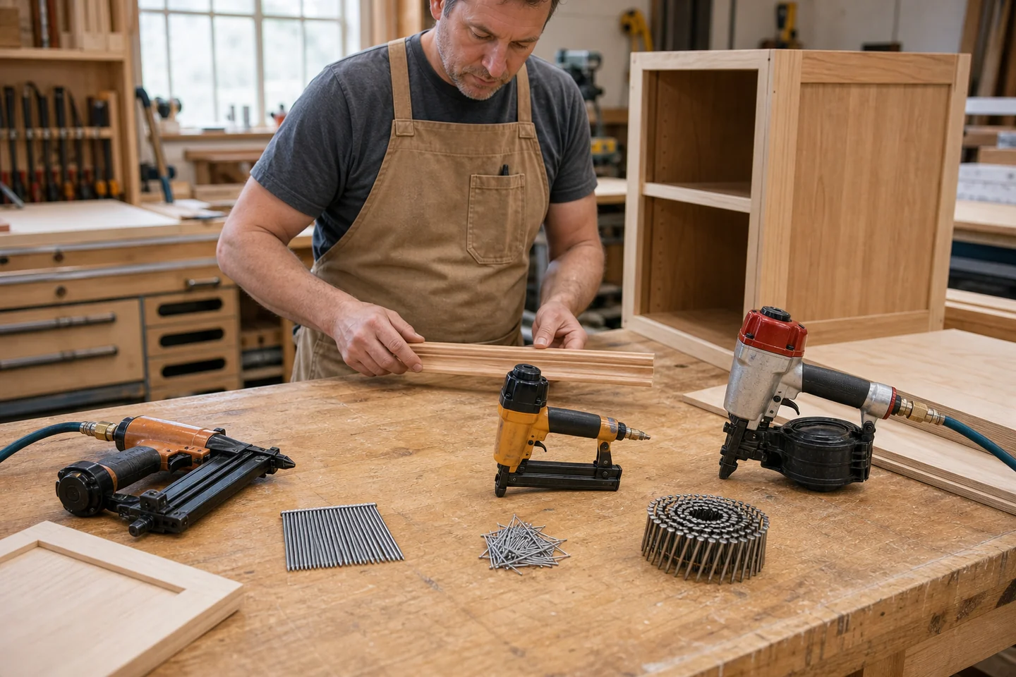 Woodworker comparing brad nails, pin nails, coil nails, and pneumatic nailers for cabinet work