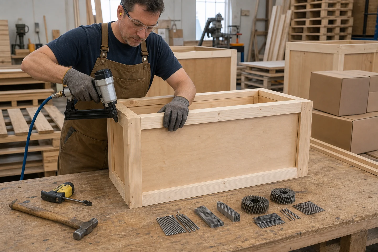 Un operario de un taller de embalaje prueba los sujetadores neumáticos en una caja de madera para exportación.