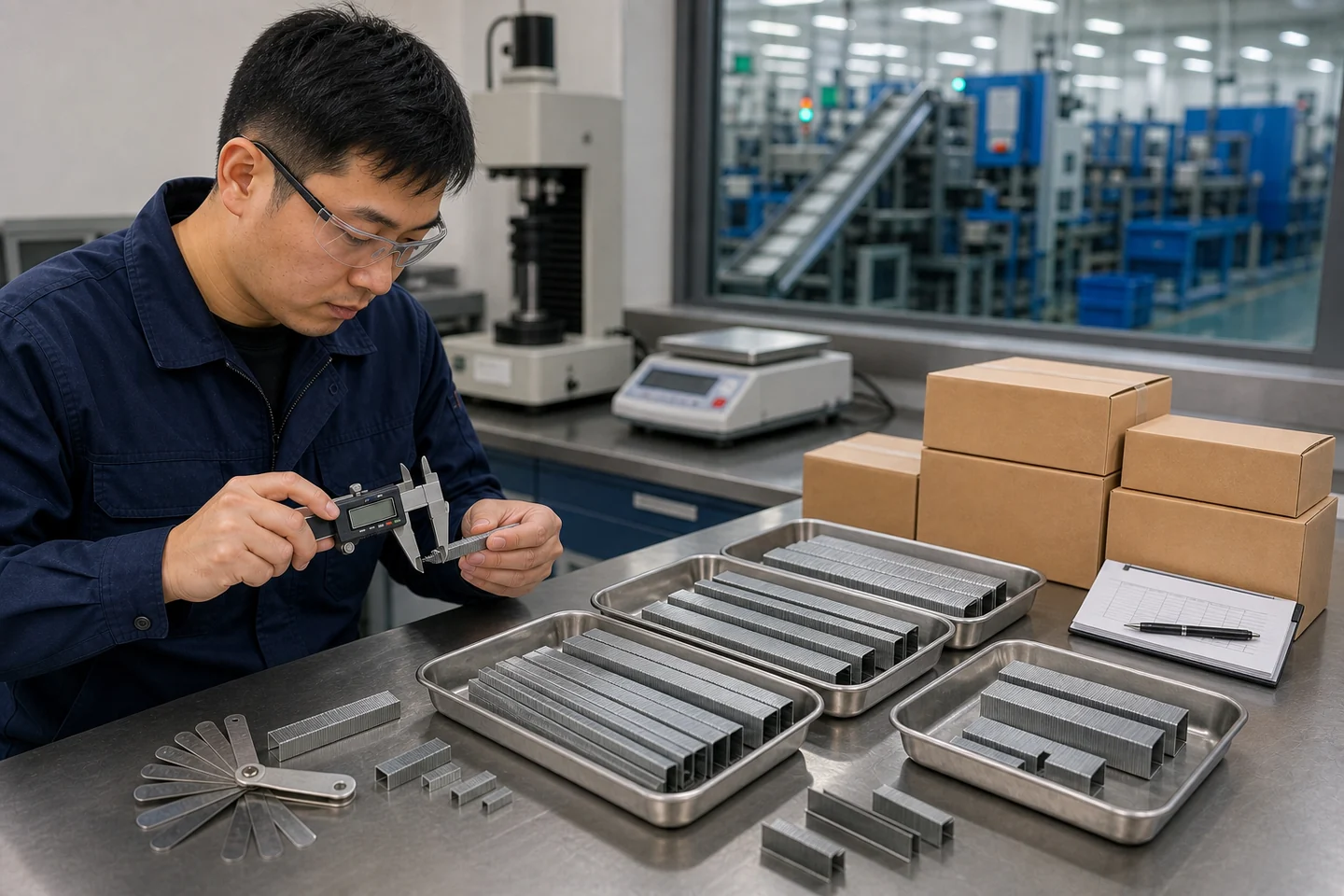Quality technician measuring custom staple samples with digital calipers at a fastener factory