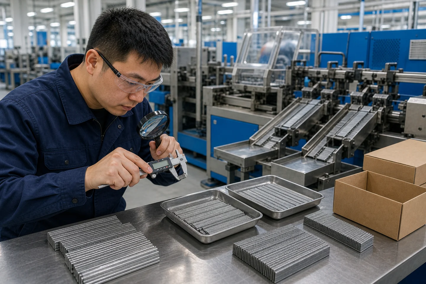 Quality inspector measuring collated brad nails beside a production line at a Chinese fastener factory