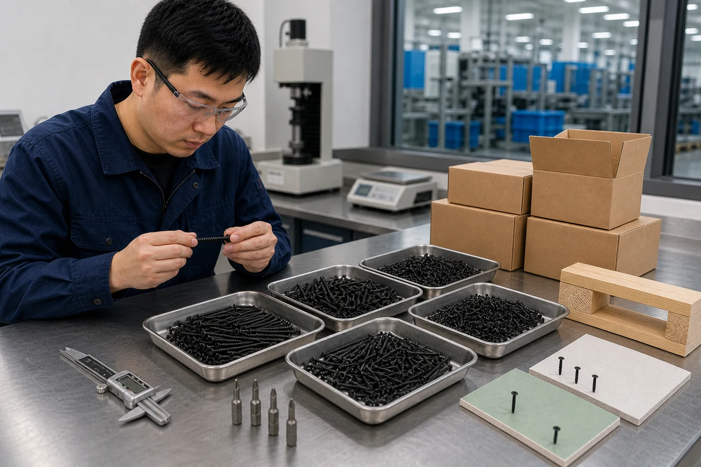 Bulk black drywall screws inspected beside product cartons and sample boards at a fastener factory