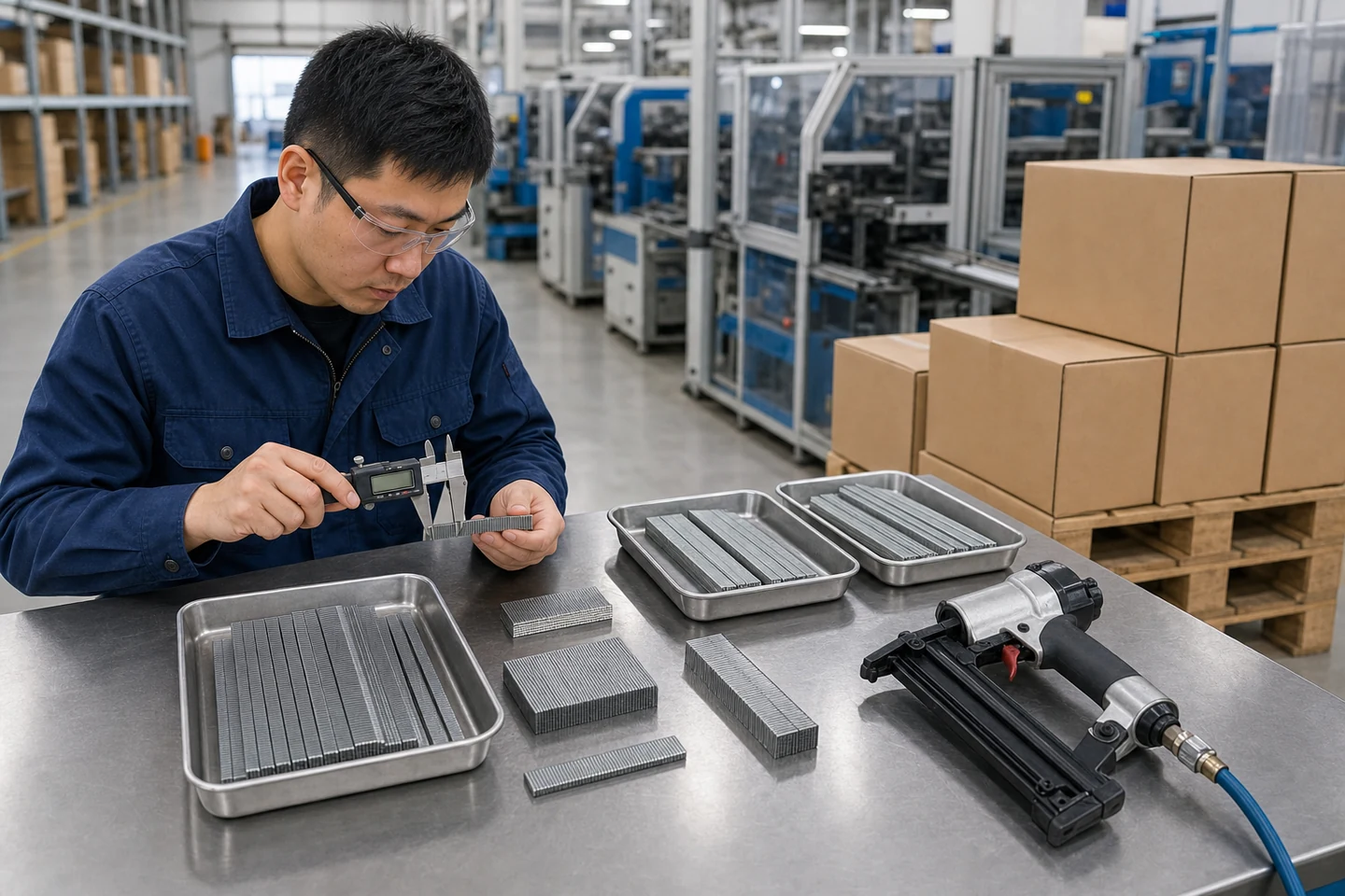 Quality inspector measuring collated 18 gauge brad nails beside a pneumatic brad nailer and export cartons