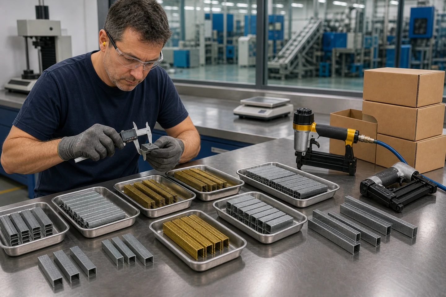 Industrial staple manufacturer quality inspector checking several collated staple series beside pneumatic staplers