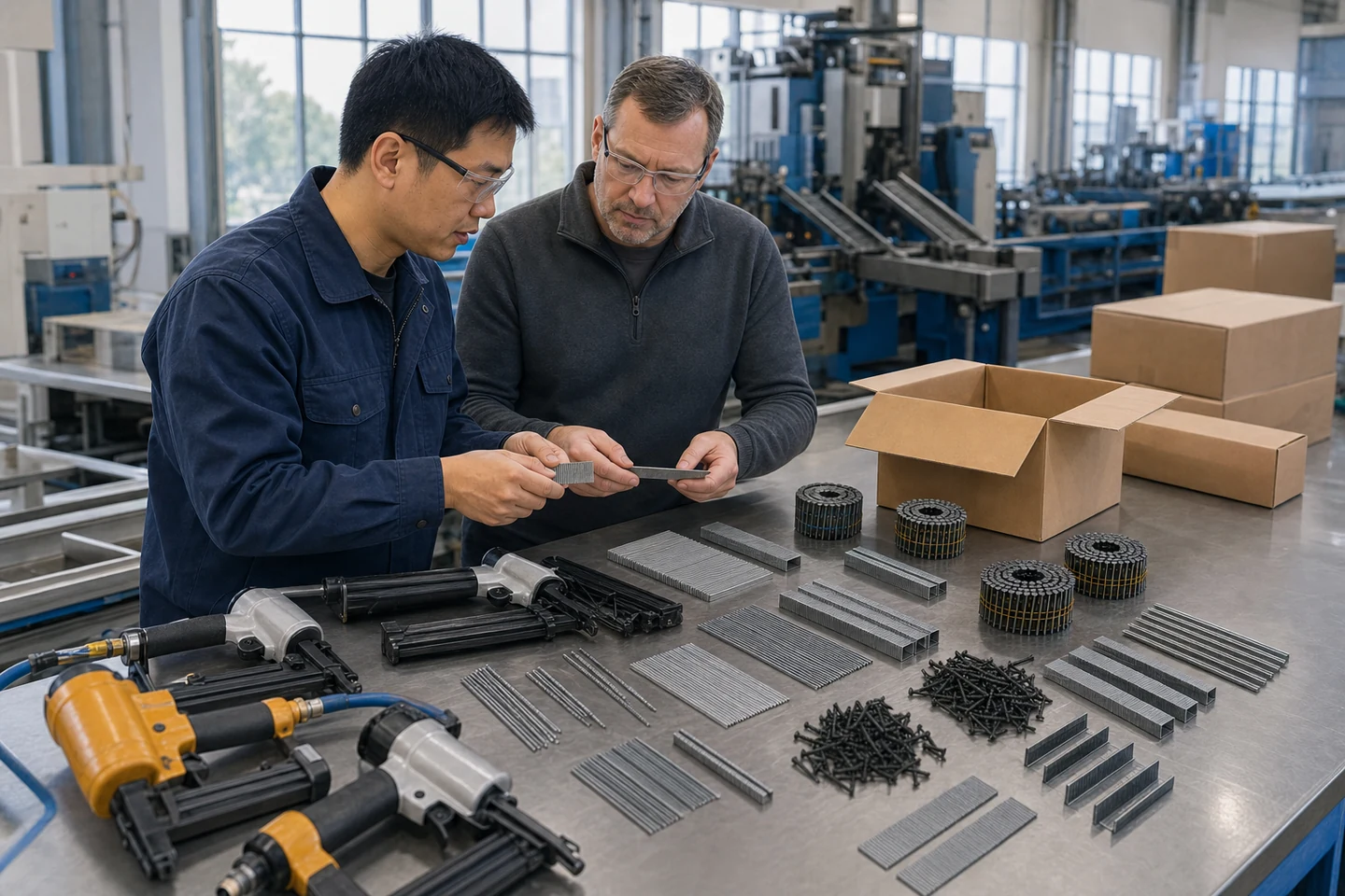 Mixed fastener SKU planning with coil nails, brads, pins, staples, and pneumatic tools to a buyer