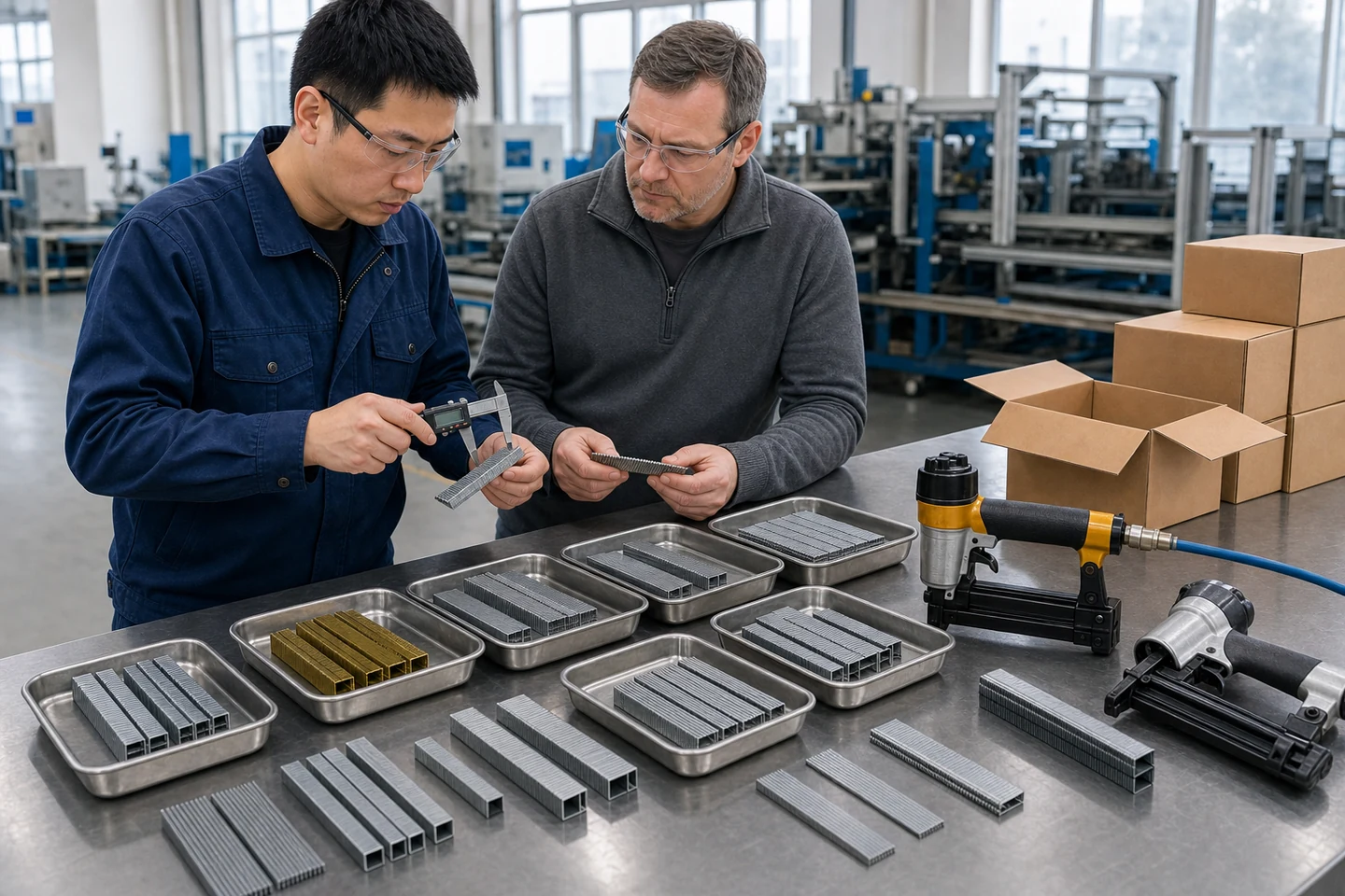 Buyer and quality technician comparing several pneumatic staple series with calipers, staplers, and export cartons