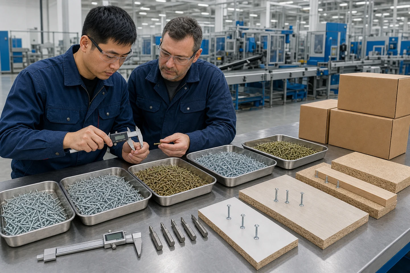 Buyer planning a chipboard screw size assortment while inspecting zinc-plated countersunk screws beside particle-board test panels and export cartons