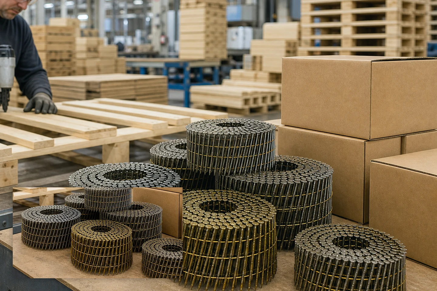 Coil nails and closed cartons in a pallet production area with a detailed inspection view of collated coils