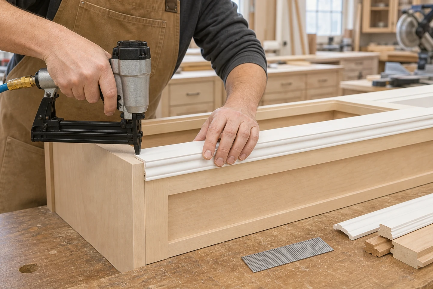 Cabinetmaker driving brad nails through decorative white trim into a wood cabinet frame with several molding profiles nearby
