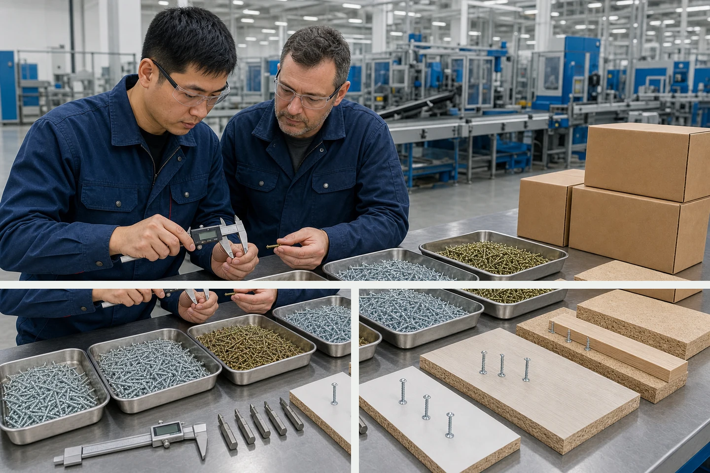 Quality team comparing chipboard screws, drill bits, calipers, and particleboard test panels in a controlled factory inspection layout