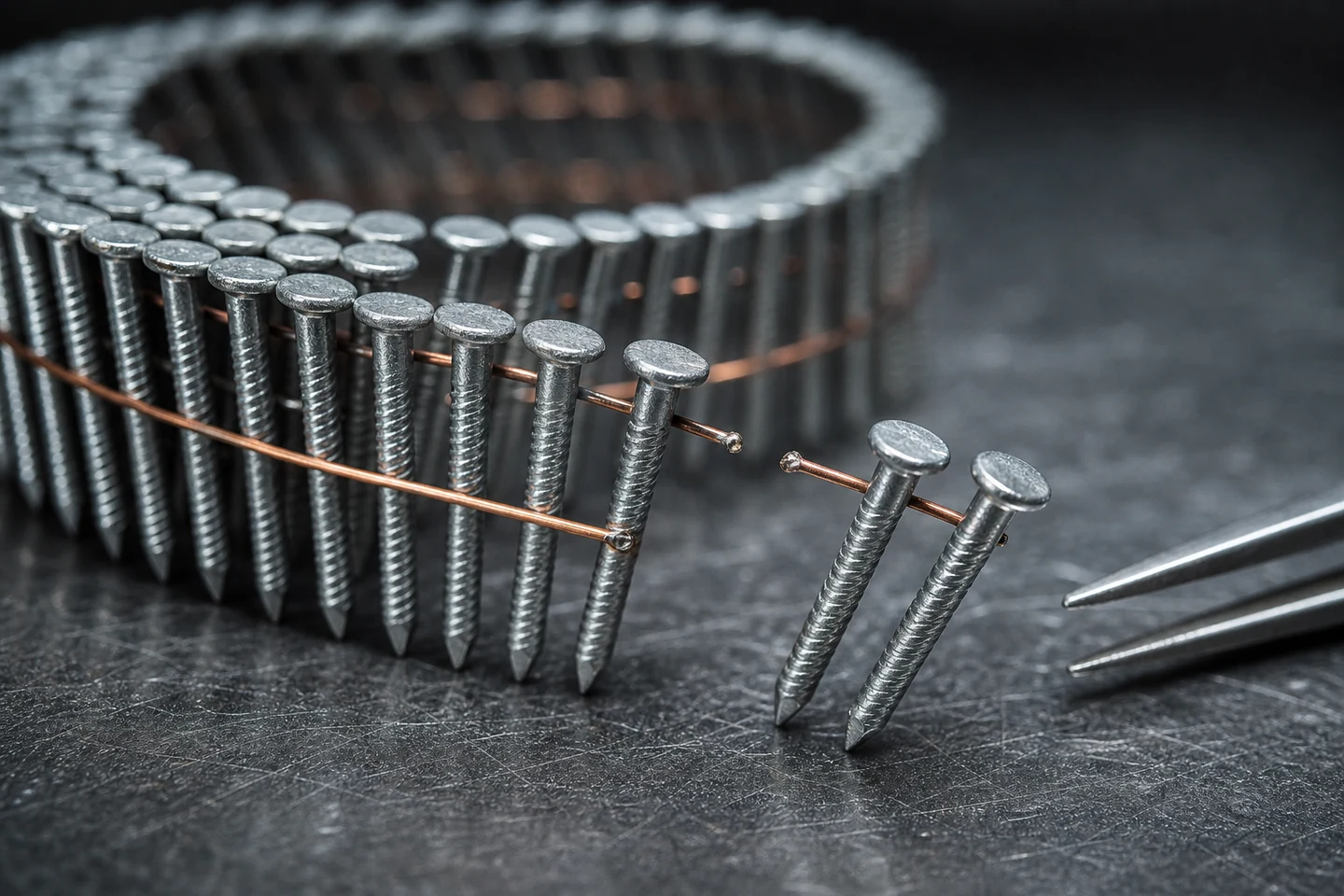 Macro inspection of a wire-collated coil nail strip with one separated weld beside an intact connection