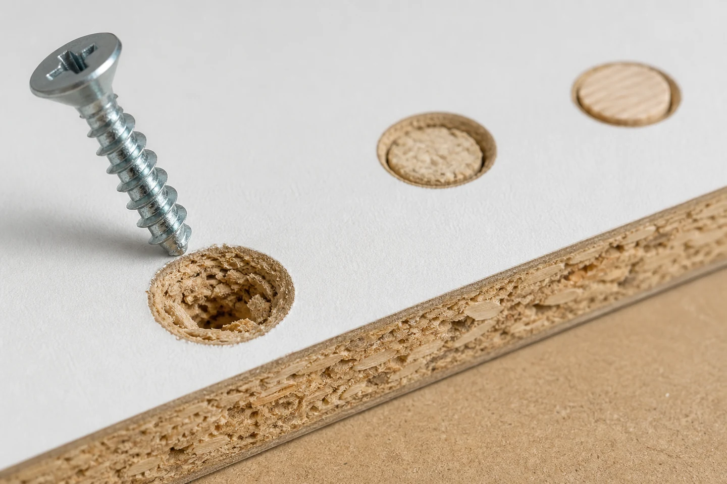 Cutaway particleboard panel showing a widened stripped screw hole beside two intact comparison holes