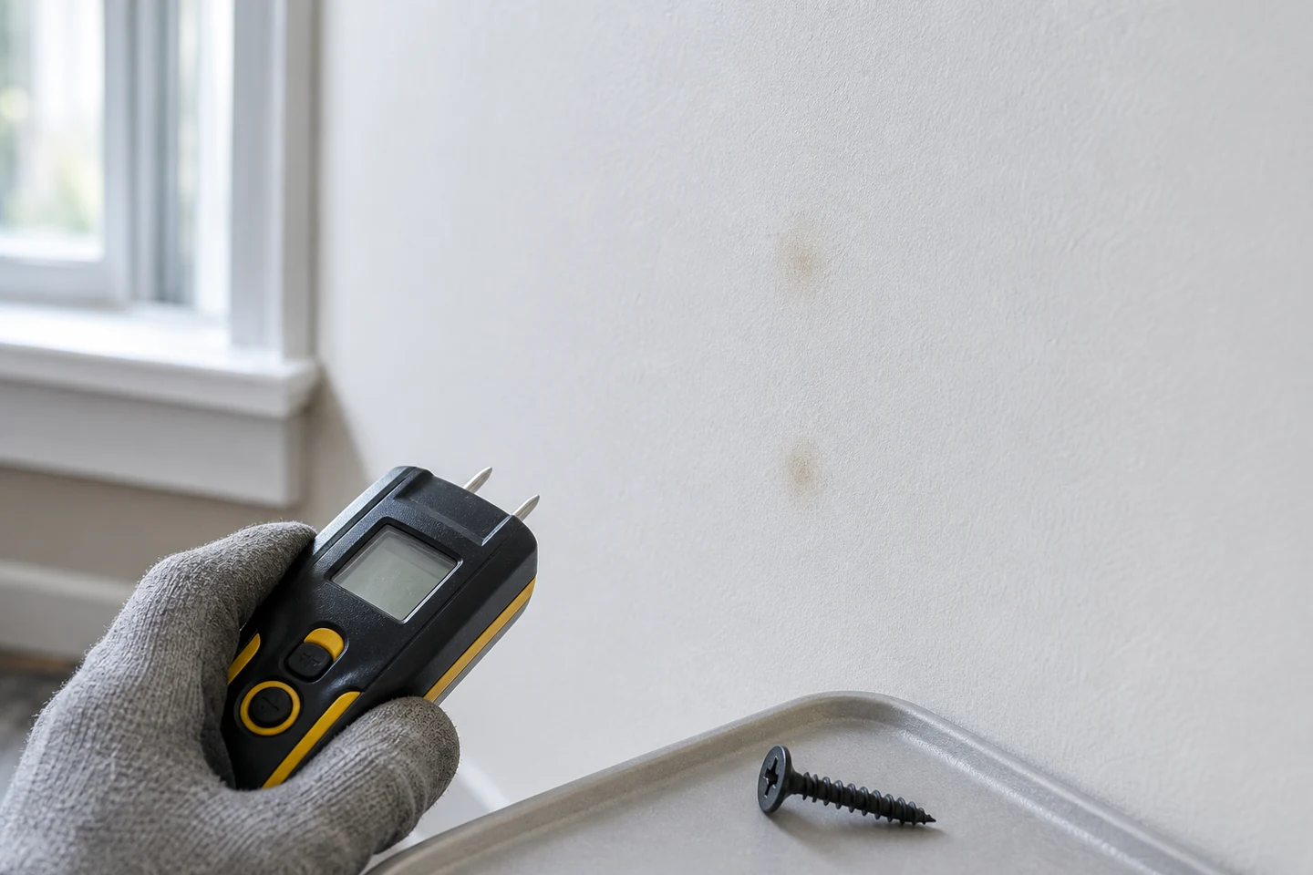 Ein Inspektor untersucht mit einem Feuchtigkeitsmessgerät schwache braune Flecken auf einer gestrichenen Gipskartonwand und hält eine schwarze Gipskartonschraubenprobe in der Nähe.