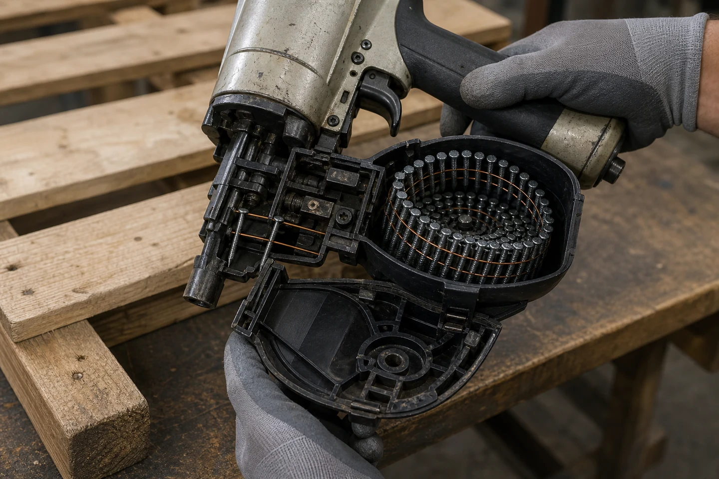Disconnected coil nailer opened for inspection with two wire-collated nails misaligned in the feed mechanism