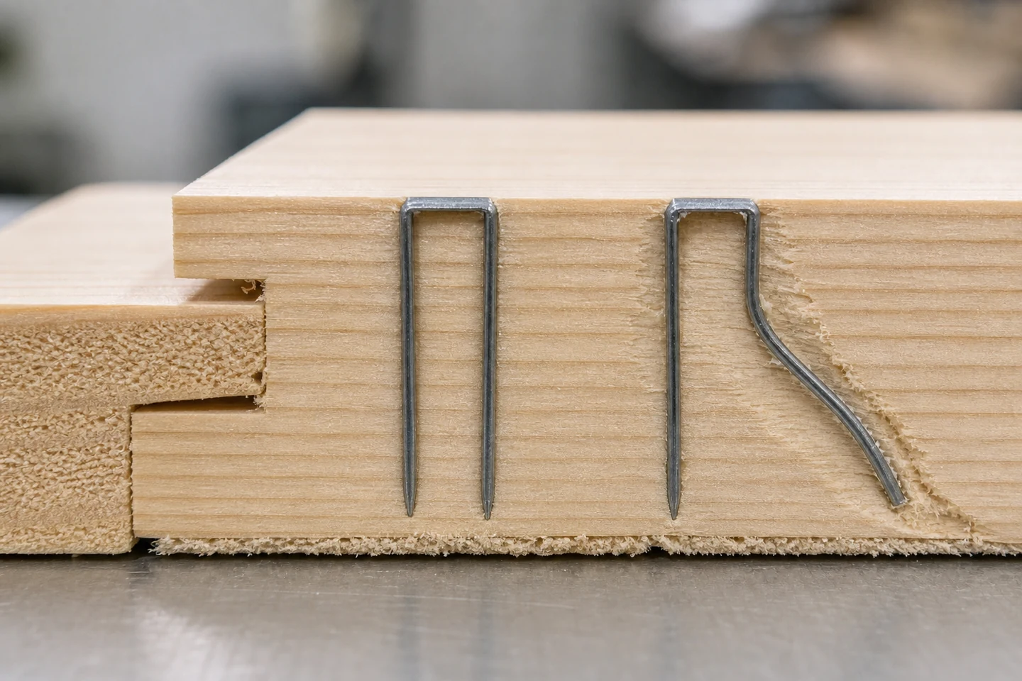 Wood cross-section comparing one staple with straight legs and another staple with a leg curving through the grain