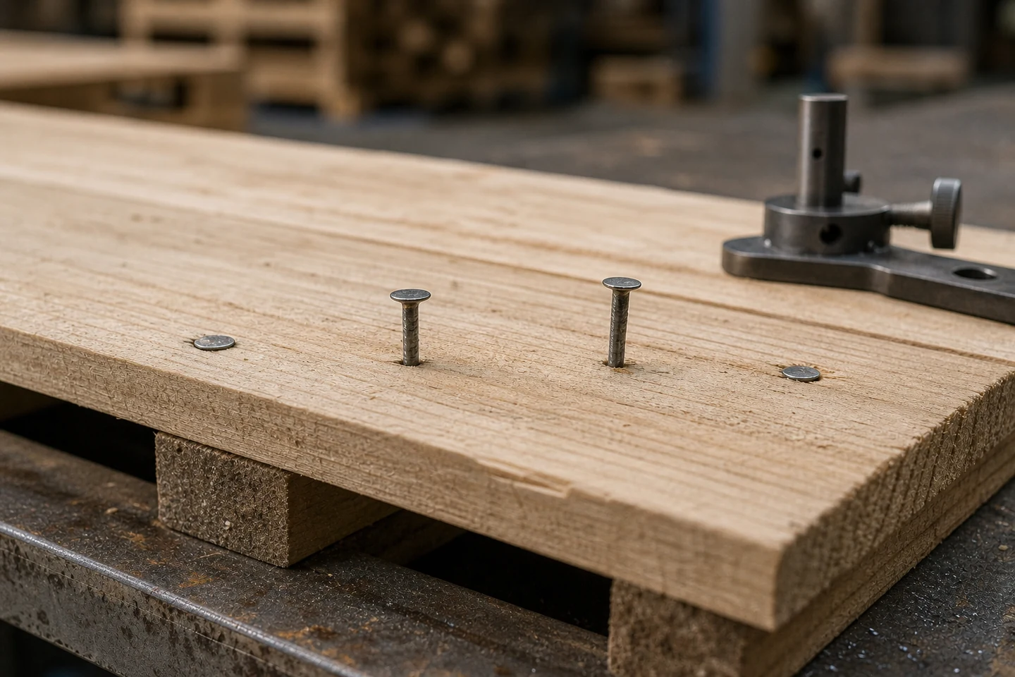 Rough pallet board showing galvanized coil nail heads seated at different heights during a depth inspection