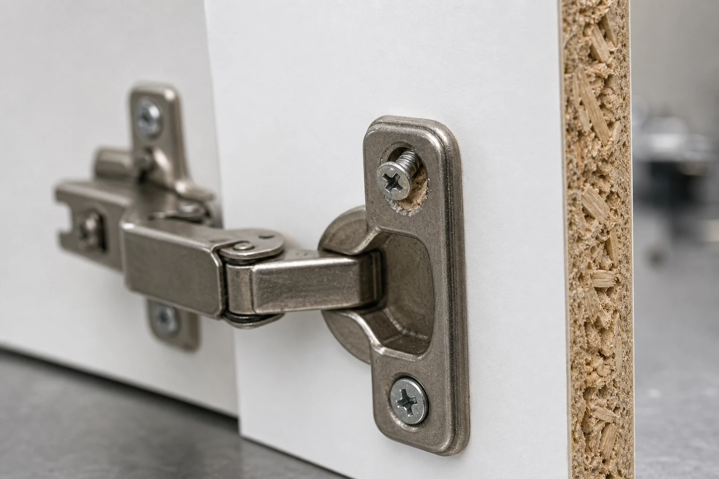 Cabinet hinge on white laminated chipboard with one fixing screw visibly loose above an enlarged particleboard hole