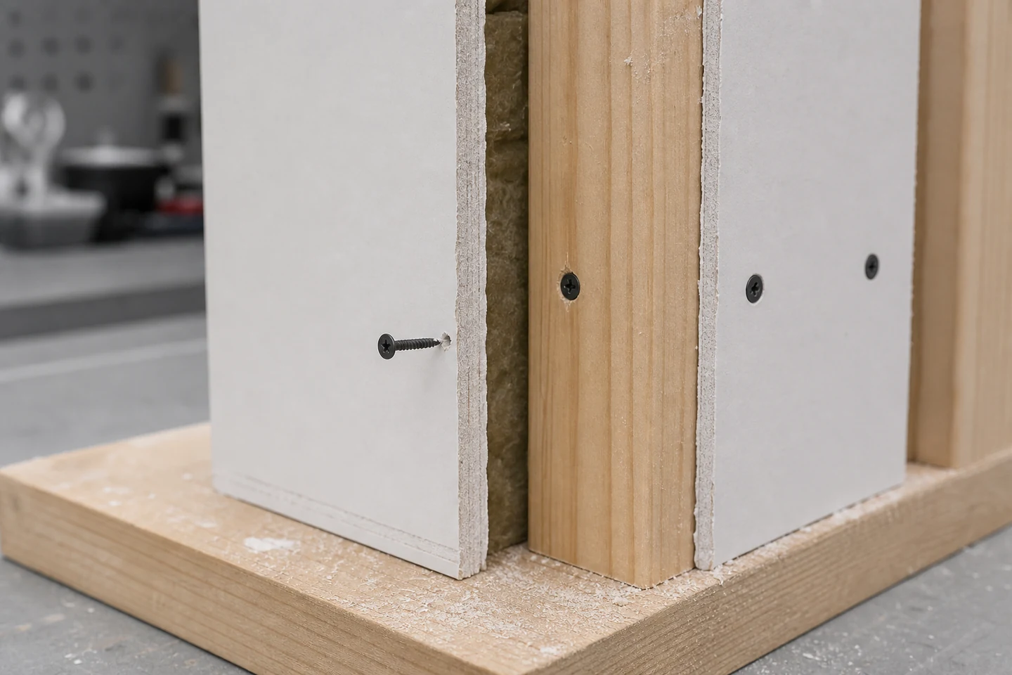 Rear view of a drywall mock-up showing one black screw protruding beside a wood stud and nearby control screws centered in framing
