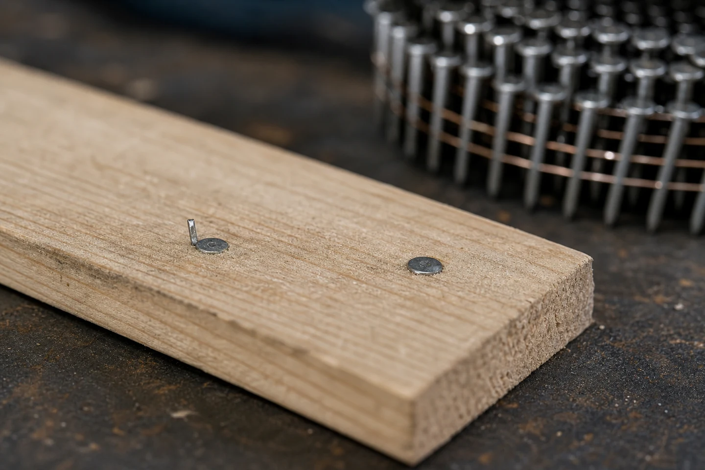 Driven galvanized coil nail in rough pallet lumber with a short bent collation-wire fragment protruding beside the head
