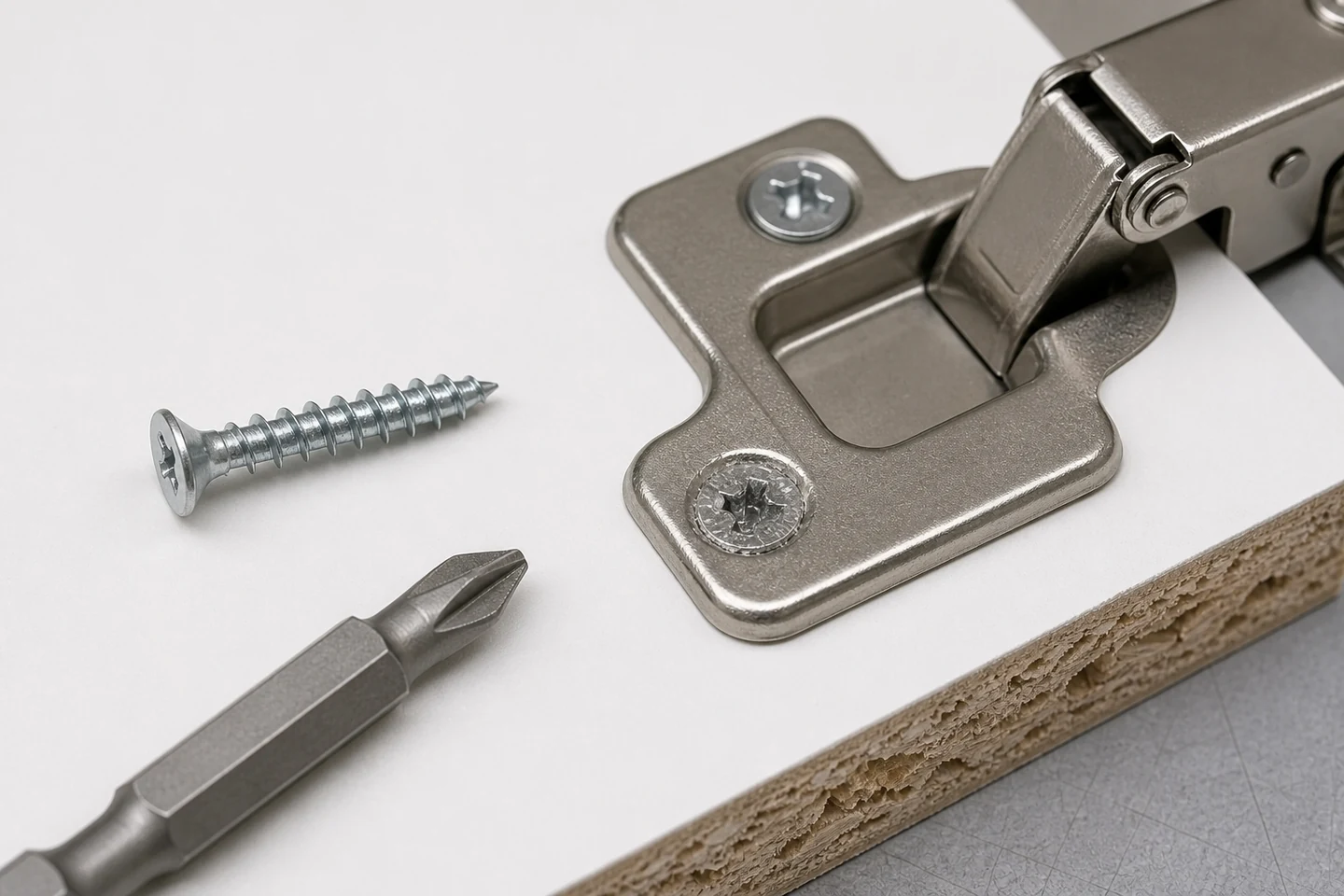 Stripped countersunk chipboard screw seated in a cabinet hinge plate beside a fresh screw and matching driver bit