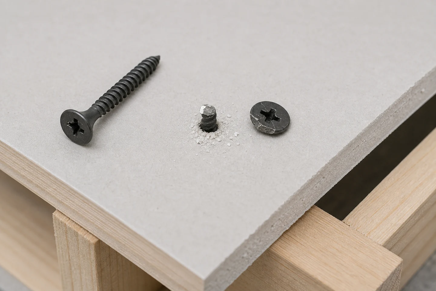 Black drywall screw with its separated head beside an embedded fractured shank and an intact control screw on gypsum board