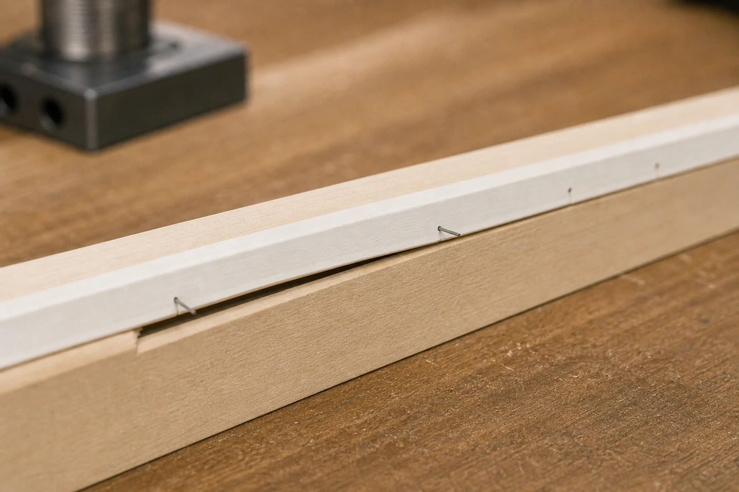 Narrow painted trim lifting from a hardwood backing with a controlled gap and slender headless pins still partly engaged