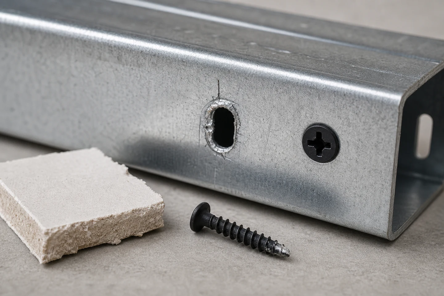 Black drywall screw beside an elongated hole in galvanized metal stud and a gypsum board sample