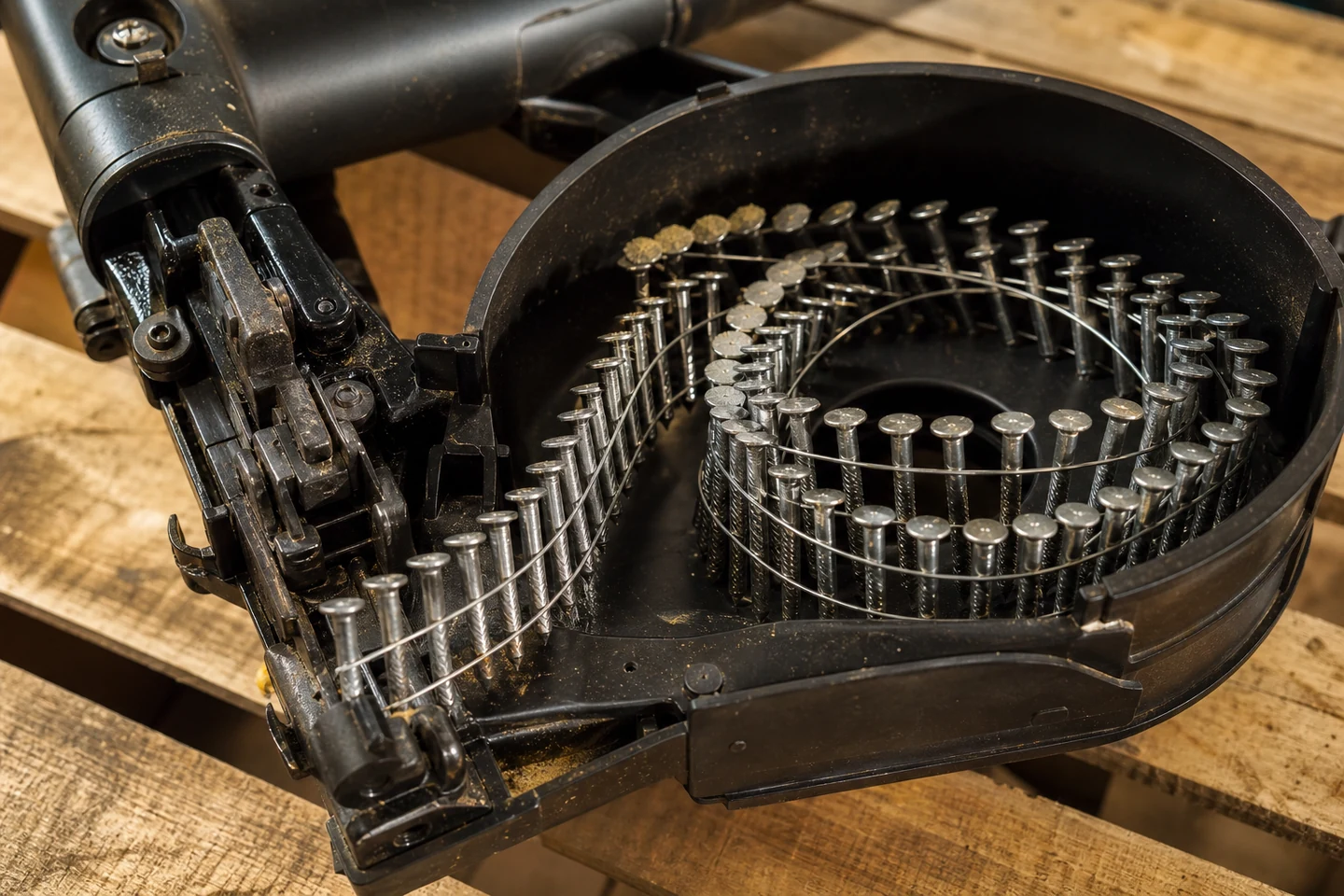 Open coil nailer canister with a wire-collated nail coil expanding away from its circular track