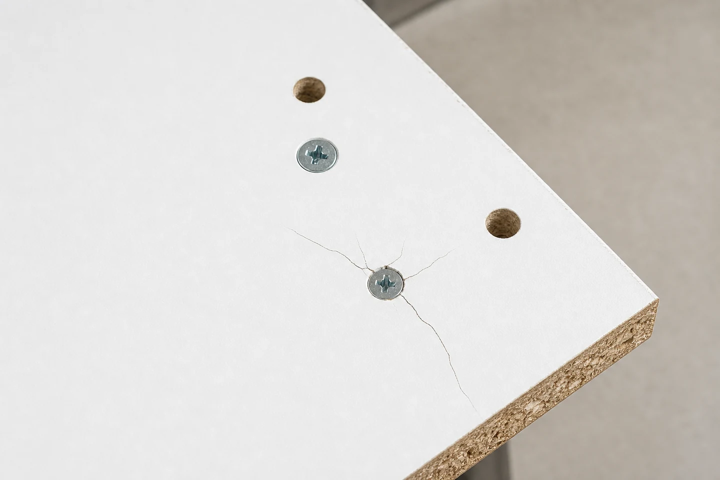 White laminated particleboard with fine branching cracks around one seated chipboard screw and an intact control screw