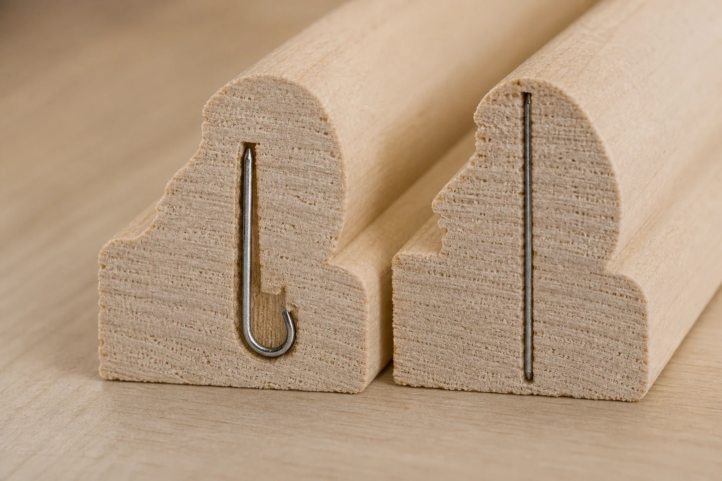 Cutaway wood trim showing one headless pin curled into a hook beside a straight control pin path