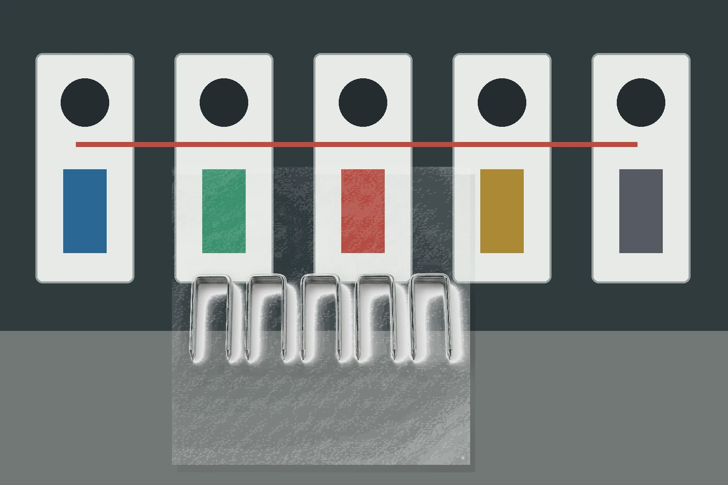 Staple strip traveling through five manufacturing and inspection stations