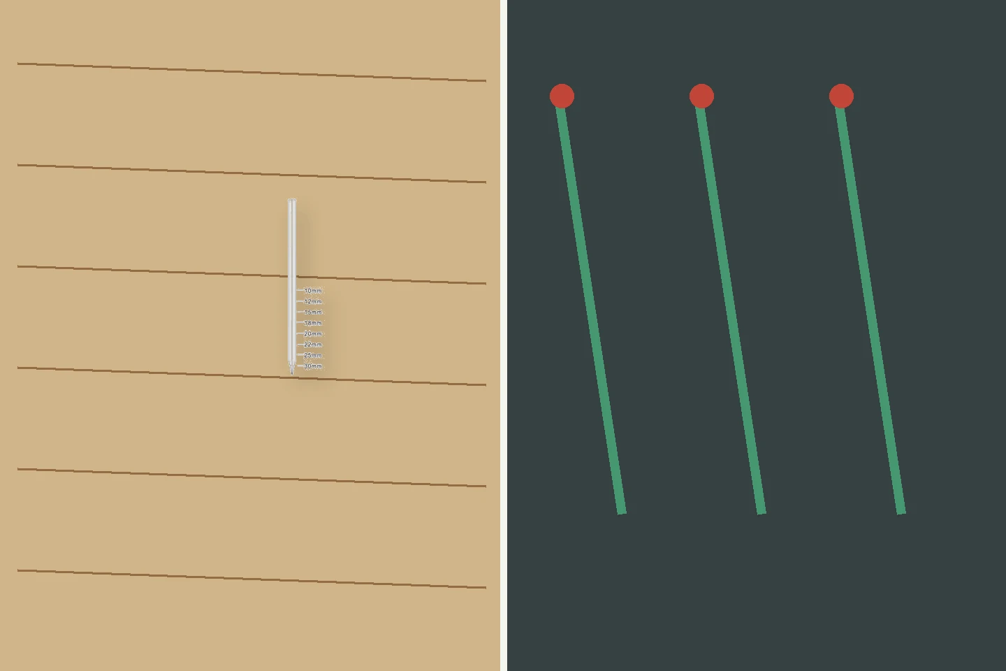 Headless pin nails between a finished wood surface and hidden penetration paths