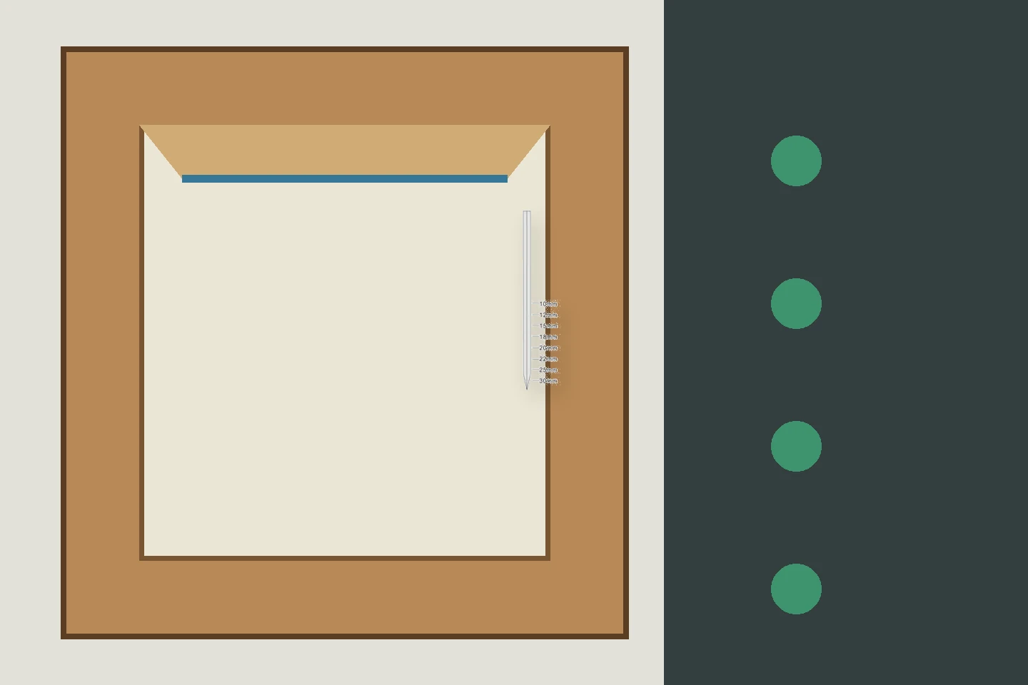 Cabinet molding reveal with headless pin locations and a hidden-path inspection panel