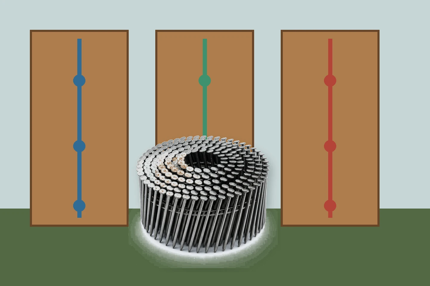 Timber fence boards divided into three colored exposure lines with coil nails