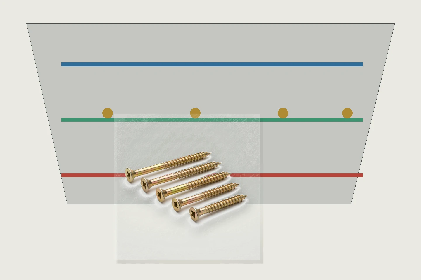 Ceiling board with three color-coded installation release stages and drywall screws