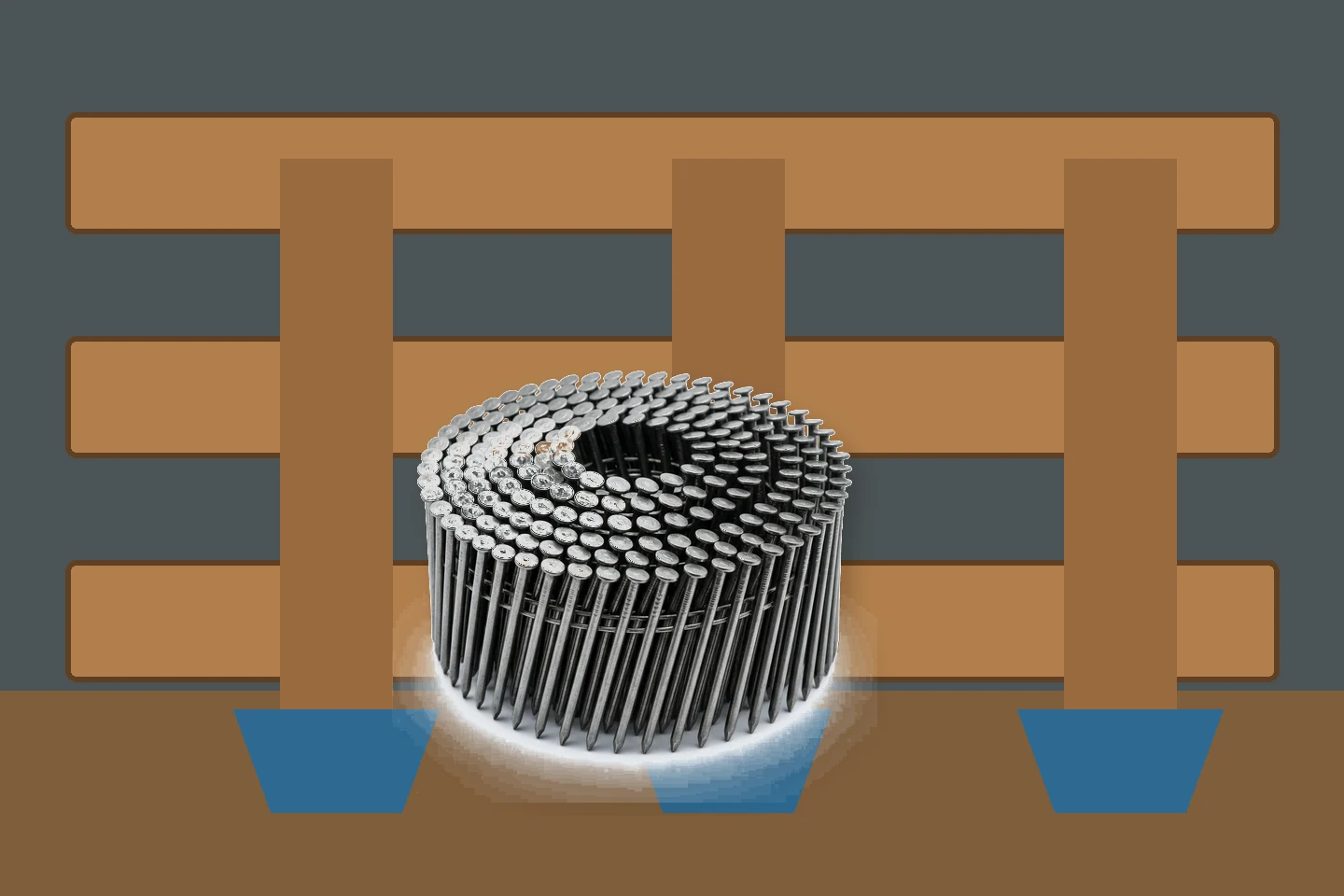 Wooden shipping skid with highlighted fork-entry paths and coil nails
