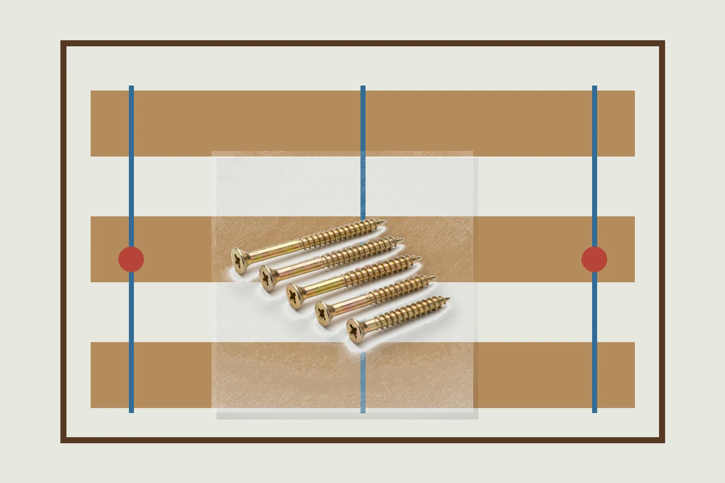 Shelving unit with three shelf joints and highlighted screw positions