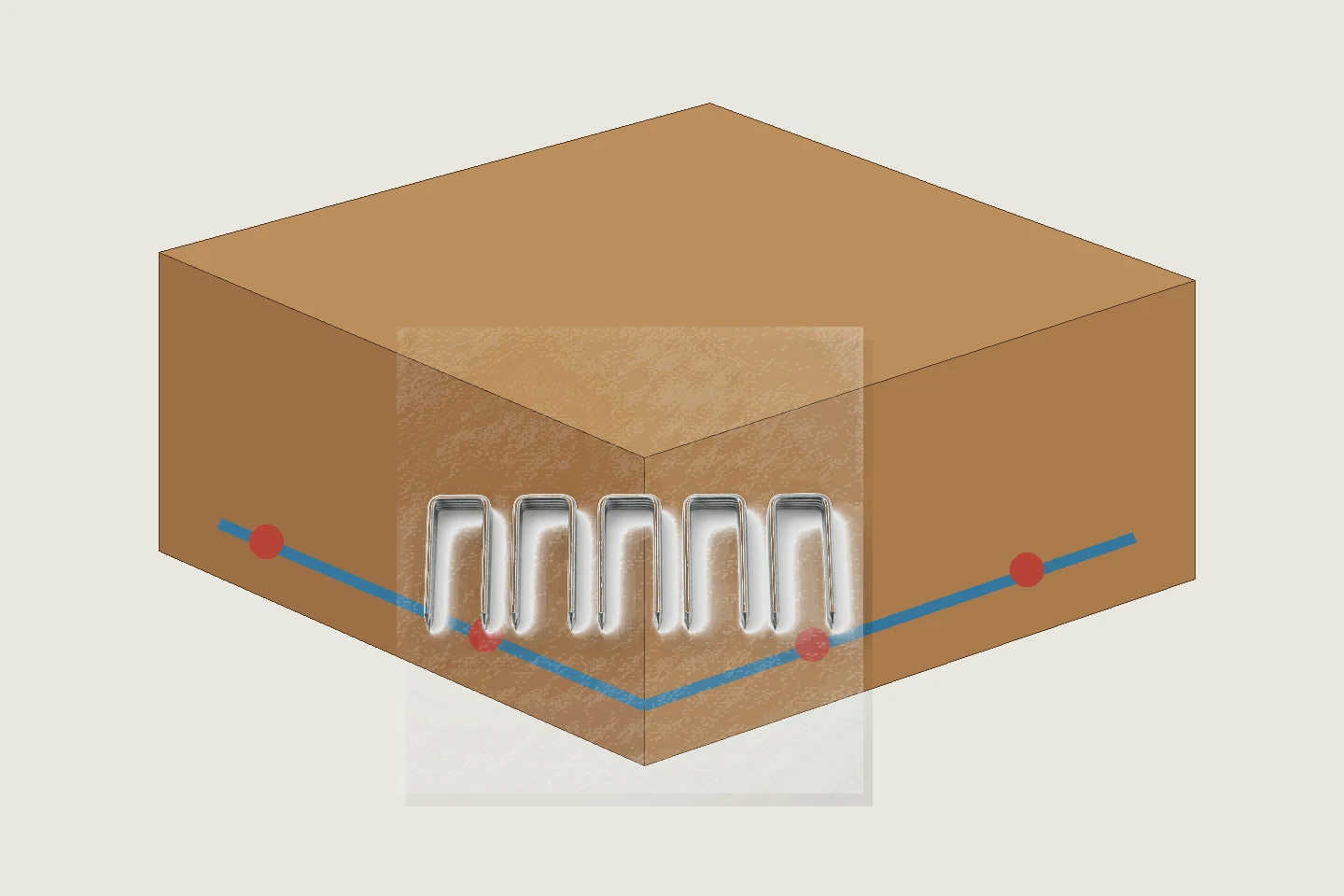 Cajón con sistema de carga perimetral y grapas para muebles.
